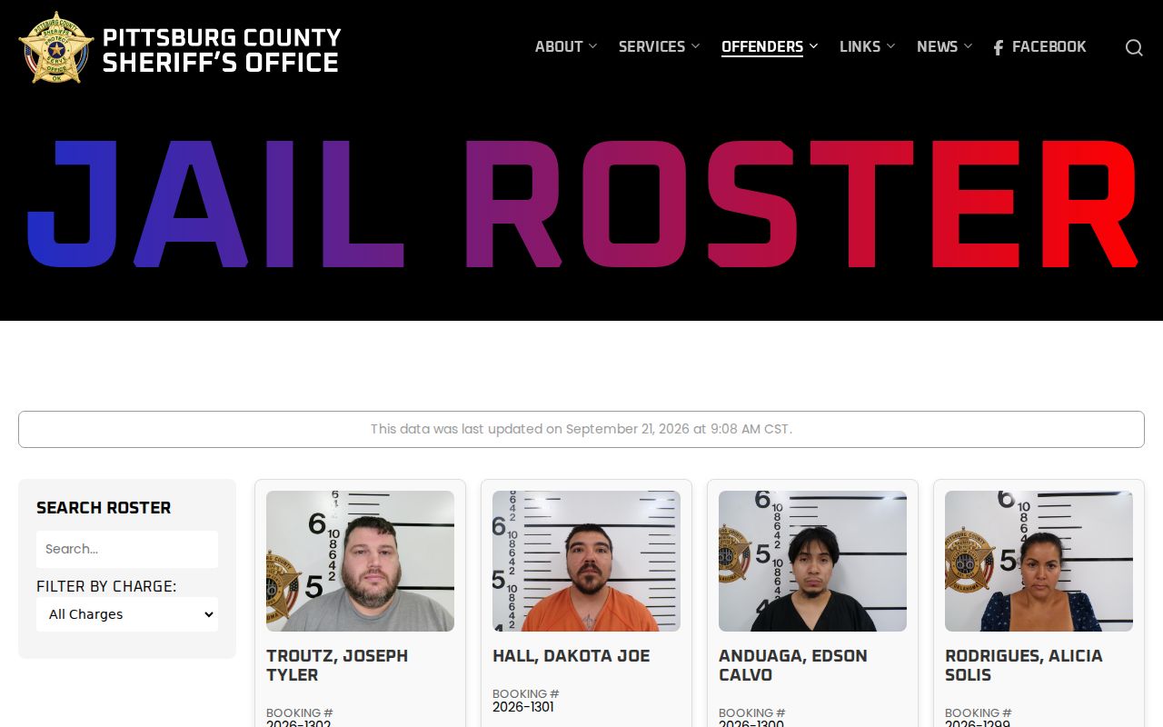 Pittsburg County active warrants jail roster search filter interface