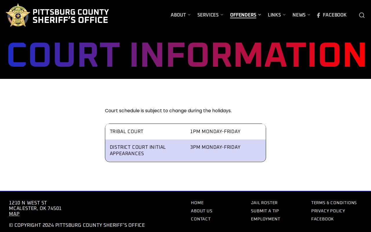 Pittsburg County warrant records District Court schedule